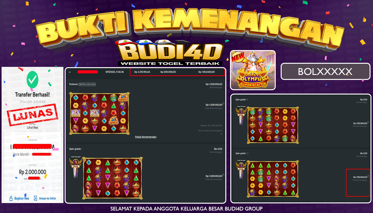 BUDI4D JACKPOT USER ID : BOL**** SLOT PRAGMATIC PLAY ( Gates of Olympus Super Scatter ) Rp.2.000.000,- LUNAS